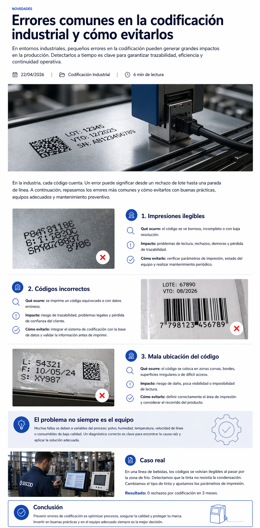 Ejemplo de errores en codificación industrial y soluciones para mejorar la calidad de impresión en líneas de producción