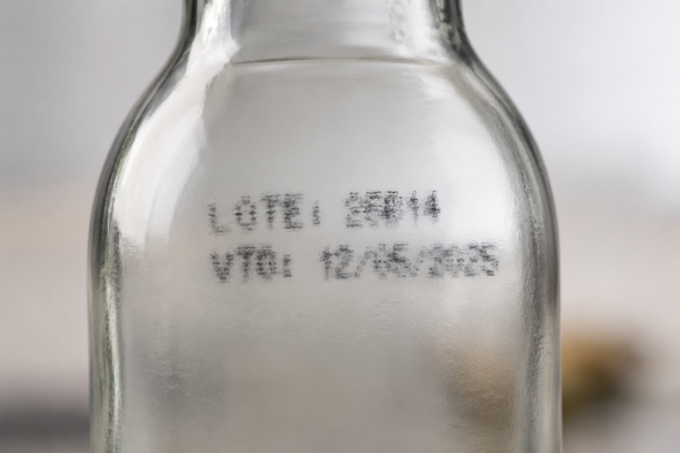 Botella de vidrio con código de lote y fecha de vencimiento borrosos por problemas de adherencia de la tinta en la codificación industrial.