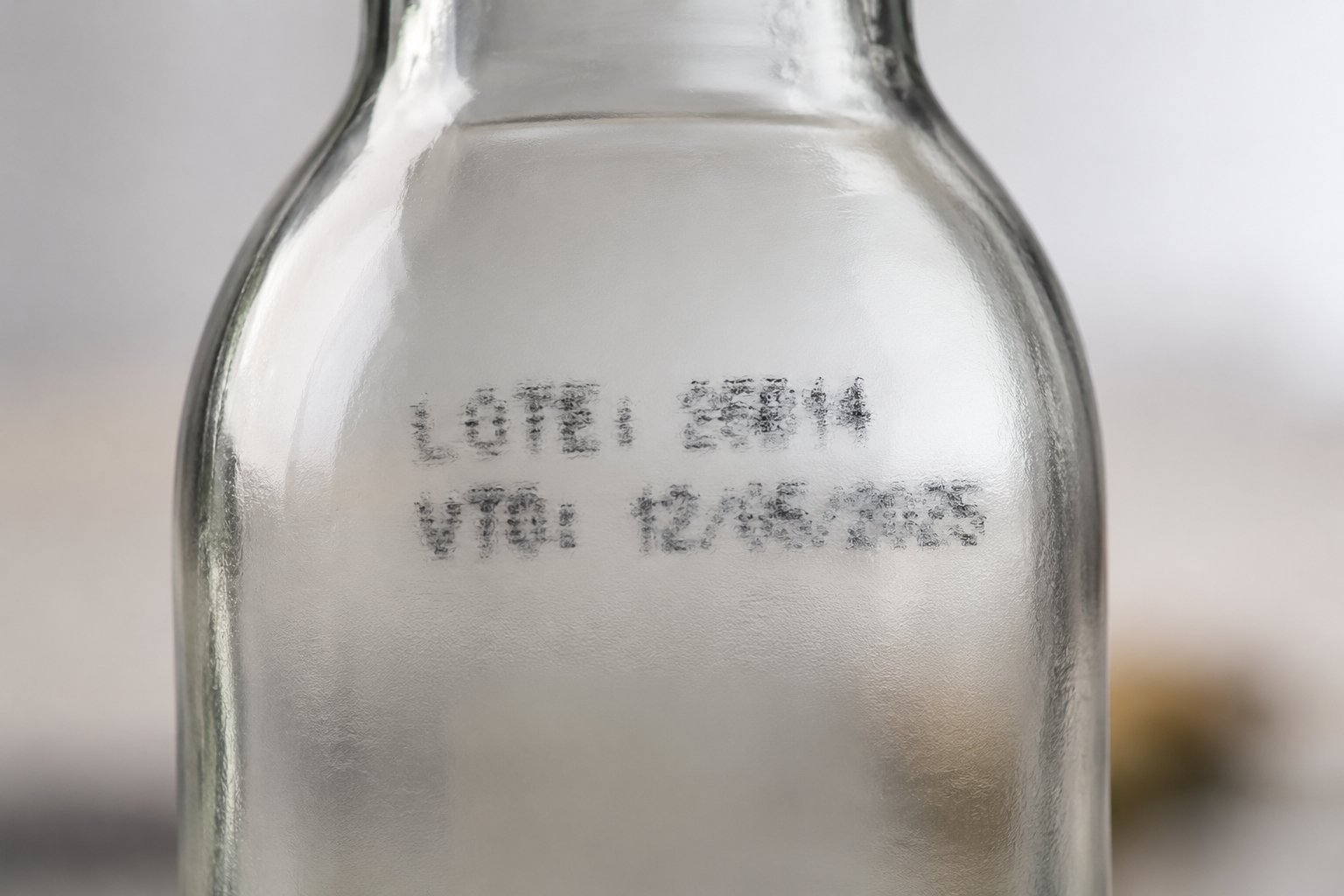 Botella de vidrio con código de lote y fecha de vencimiento borrosos por problemas de adherencia de la tinta en la codificación industrial.