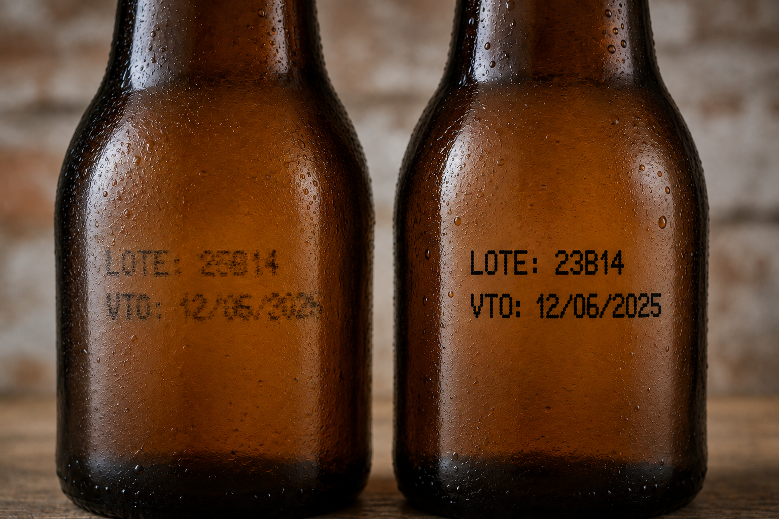 Botella de cerveza con código de lote y fecha de vencimiento borrosos por falta de adherencia de la tinta sobre el vidrio.